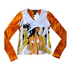 Custo Barcelona Women Graphic Y2K Long Sleeve Shirt Top Sz 1 / Small Vintage NWT